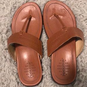 Pendleton Madeira Beach T-Strap Sandals Tooled Leather Brown Southwestern